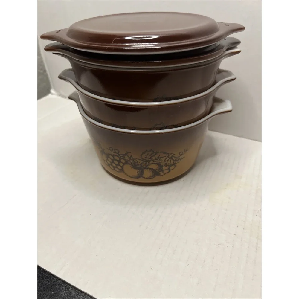 3 Vintage Pyrex Old Orchard 1qt Casserole Dishes 473 with 2 Brown Lids